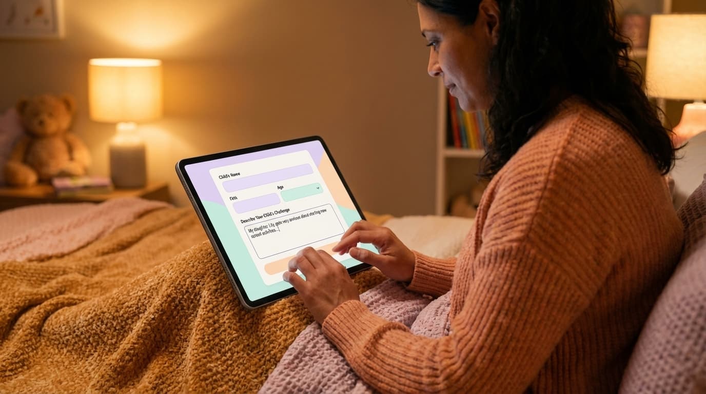 A parent typing on a modern tablet, describing their child's challenge in a clean, minimal form interface with soft pastel accents
