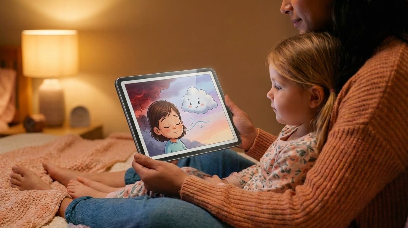 A gentle illustration of a child character taking deep breaths with a friendly cloud companion, surrounded by calming colors transitioning from stormy red to peaceful blue