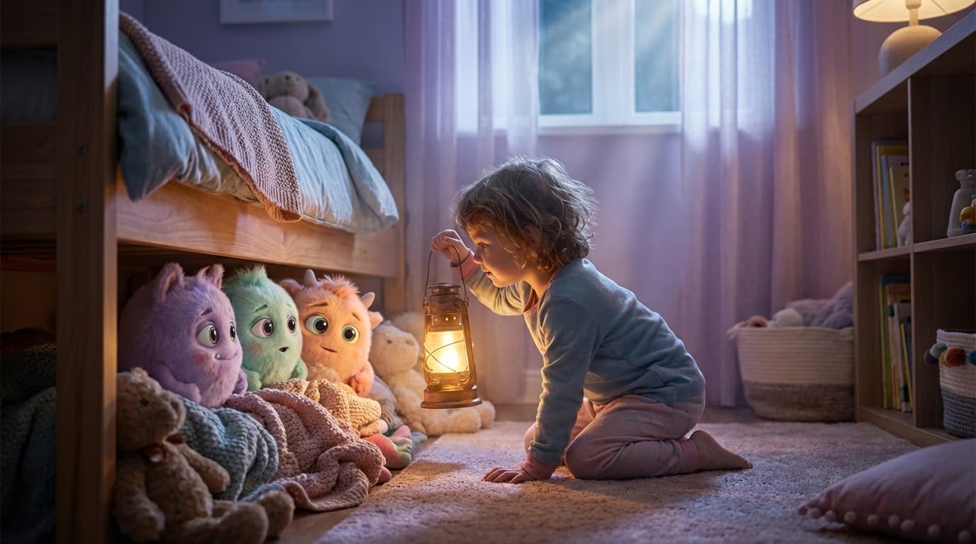 A child character with a glowing lantern discovering friendly, silly creatures hiding under the bed who are actually scared too, soft moonlit room