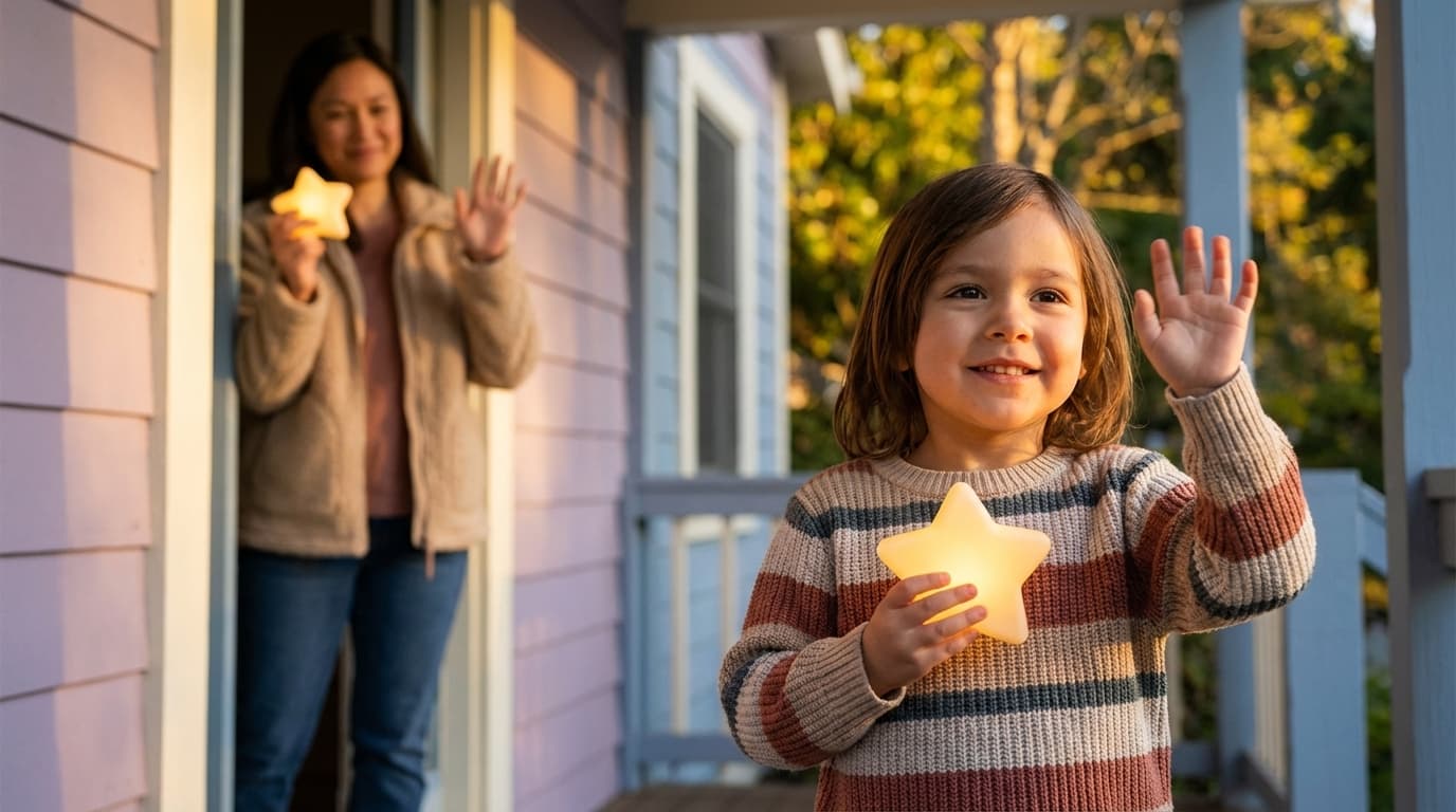 A child character waving goodbye with a smile, holding a small glowing star token, their parent visible in the background also holding a matching star
