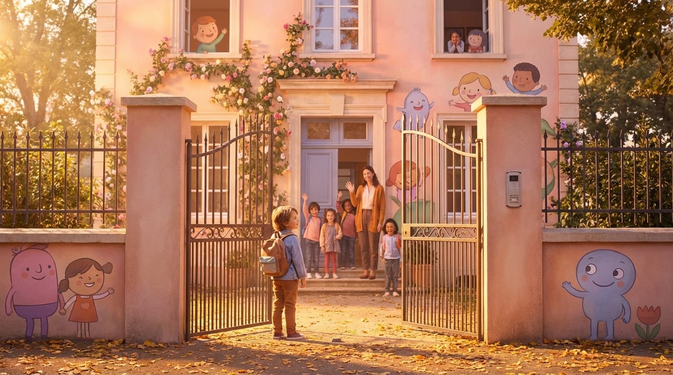 A child character standing at the gates of a bright, welcoming school with friendly characters peeking out from windows and doors, colorful and inviting atmosphere